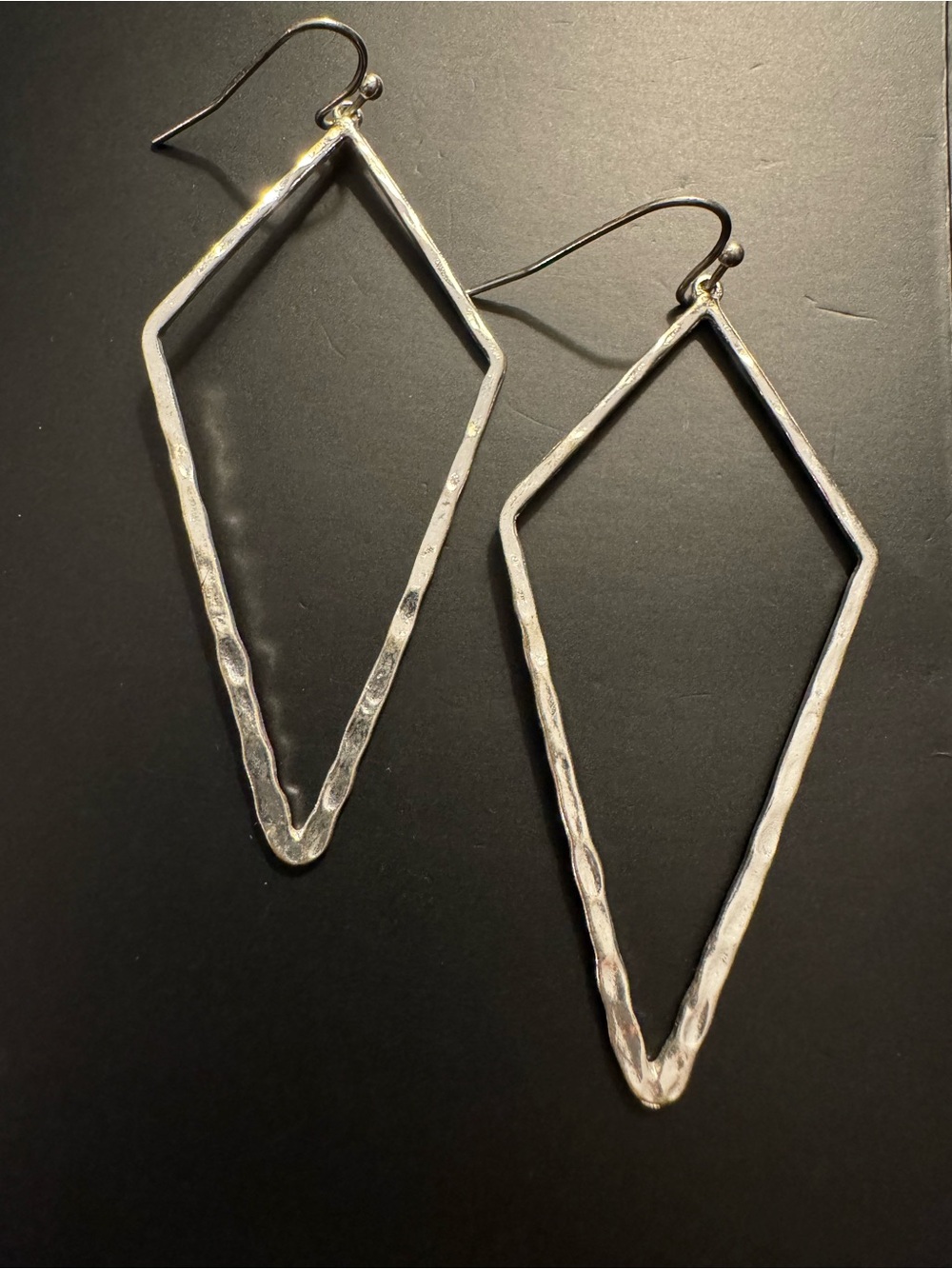 Silver Tone Hammered Geometric Diamond Dangle Earrings - 2.5”